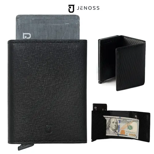 Ví Thông Minh Ogon & Box Đựng Thẻ Tự Động, Ví Da Nam Cao Cấp Gập Ba Mini Nhỏ Gọn Nhiều Ngăn Bóp Tiền Chính Hãng Jenoss