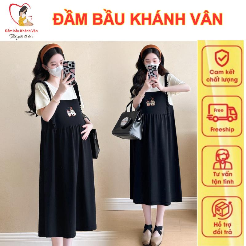 Váy bầu đầm bầu giả yếm cộc tay thêu hình ong xinh, váy bầu dáng dài cho mẹ đi chơi đi làm siêu xinh TO70 set  yếm Nút Black set  yếm set  yếm đầm  bầu yếm  bò