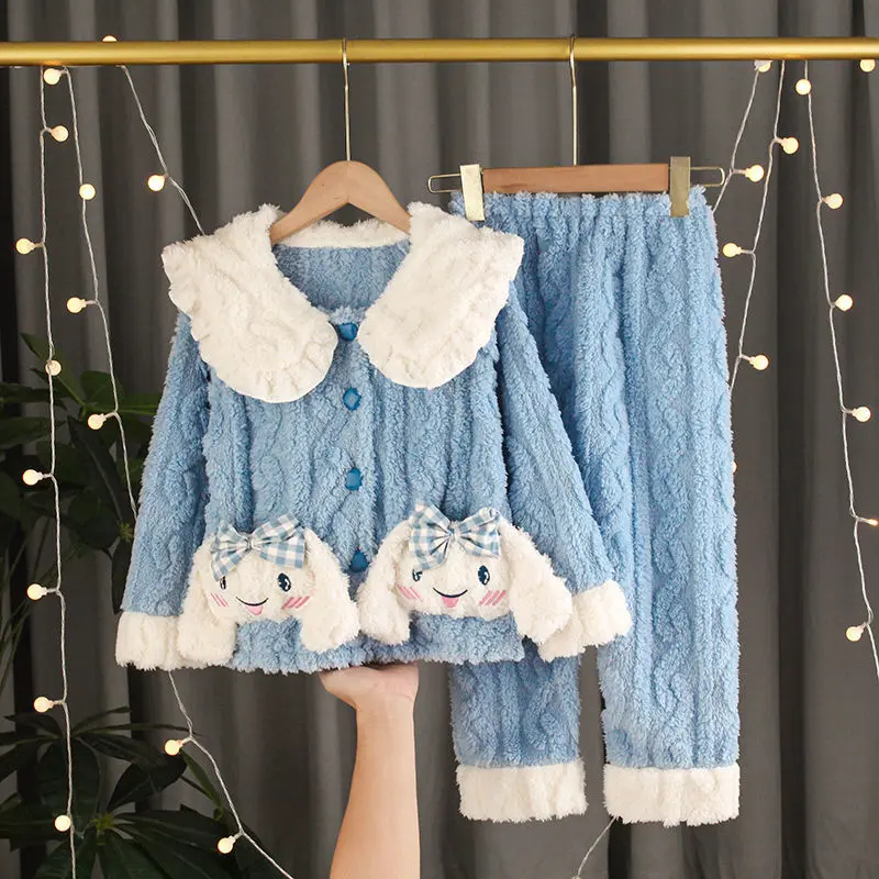 Đồ Ngủ Mùa Đông Cho Trẻ Em, Lông Cừu San Hô, Vừa Và Lớn, Vải Flanen Dày, Phong Cách Công Chúa Dễ Thương, Bộ Đồ Dài Tay, Đồ Mặc Nhà 0