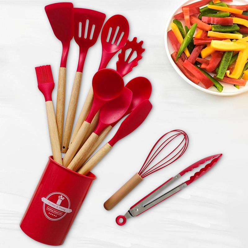 Silicone Cooking Utensils Set, 12pcs/set Including Spatula, Spoon, Tongs, Whisk, Storage Bucket, Kitchen Cooking Utensils Set, Kitchen Accessories 1