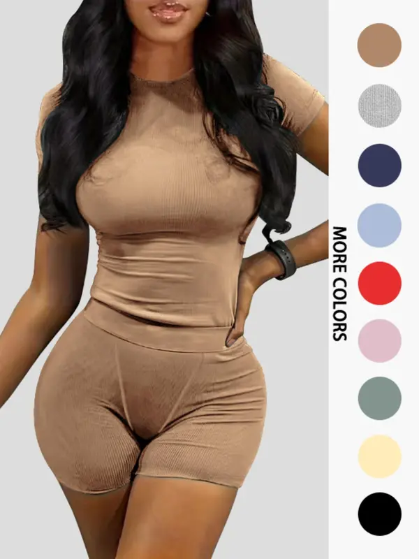 Women's Solid Ribbed Top & Skinny Shorts Set, Casual Comfy Round Neck Tee & Shorts For Yoga Gym Workout, Summer Clothes, Co ord Set Summer, Ladies Summer Clothing 7