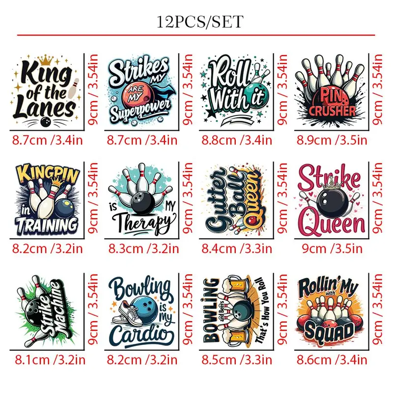 Bowling Theme Heat Transfer Sticker, 12pcs/set Creative Bowling Pattern Iron-on Heat Transfer Sticker, DIY Decorative Sticker for Clothes, Bags, Hats 1