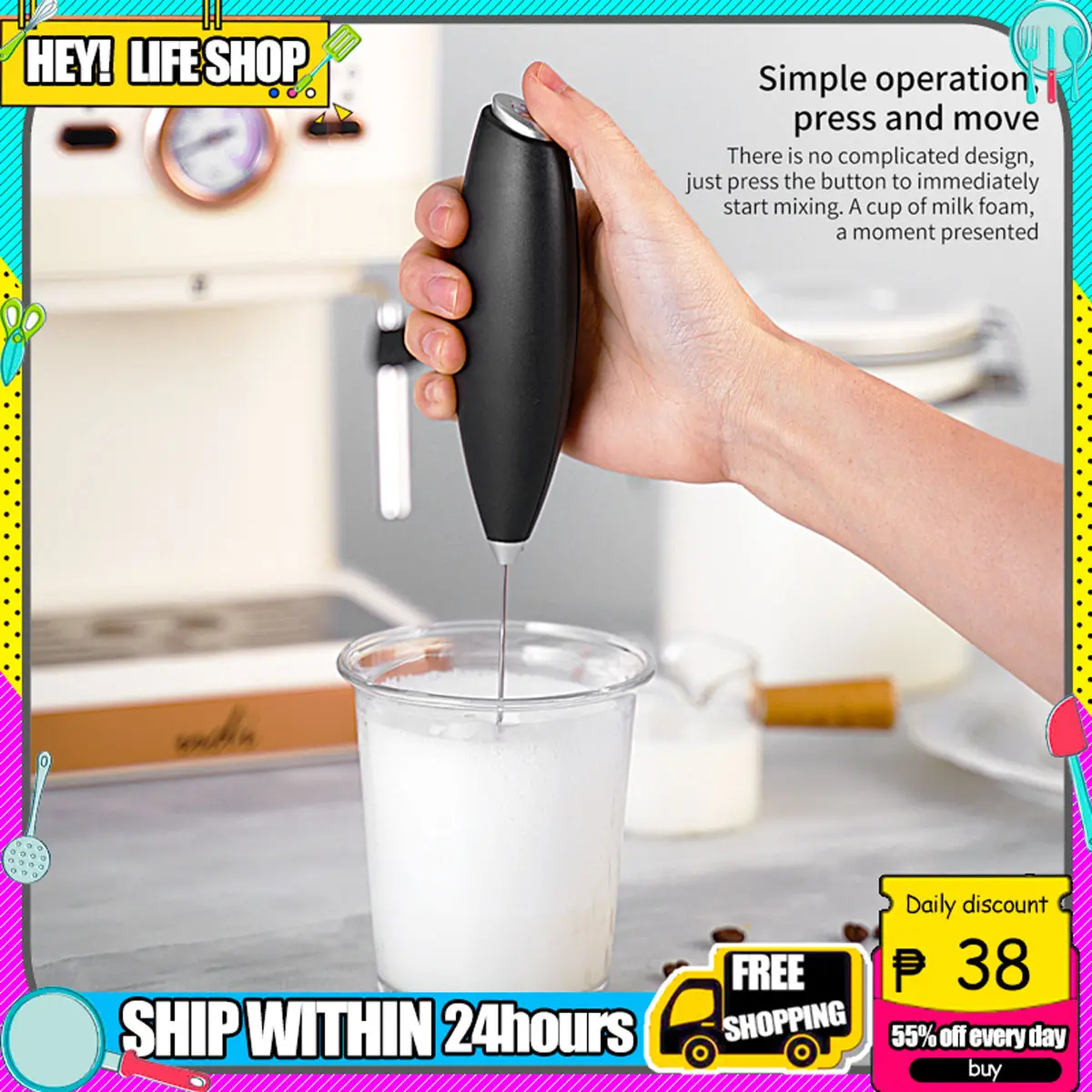 HEY! Household Electric Milk Frother Handheld Mixer Coffee Foamer ...