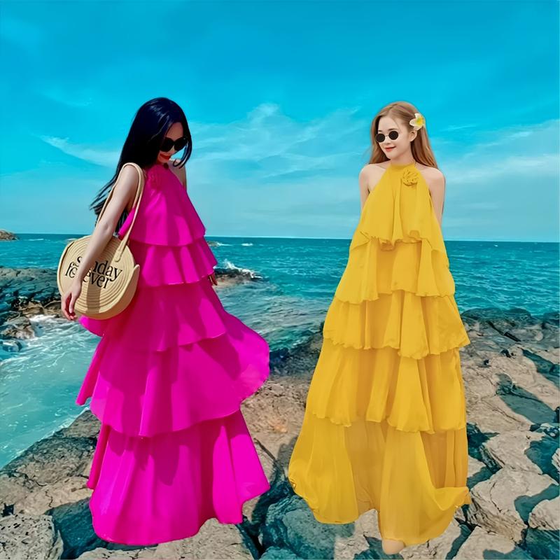 Đầm Maxi Yếm Cổ Bông Nhiều Tầng Có Lót Nữ Women Dress Voi Voan Xanh Màu Hồng