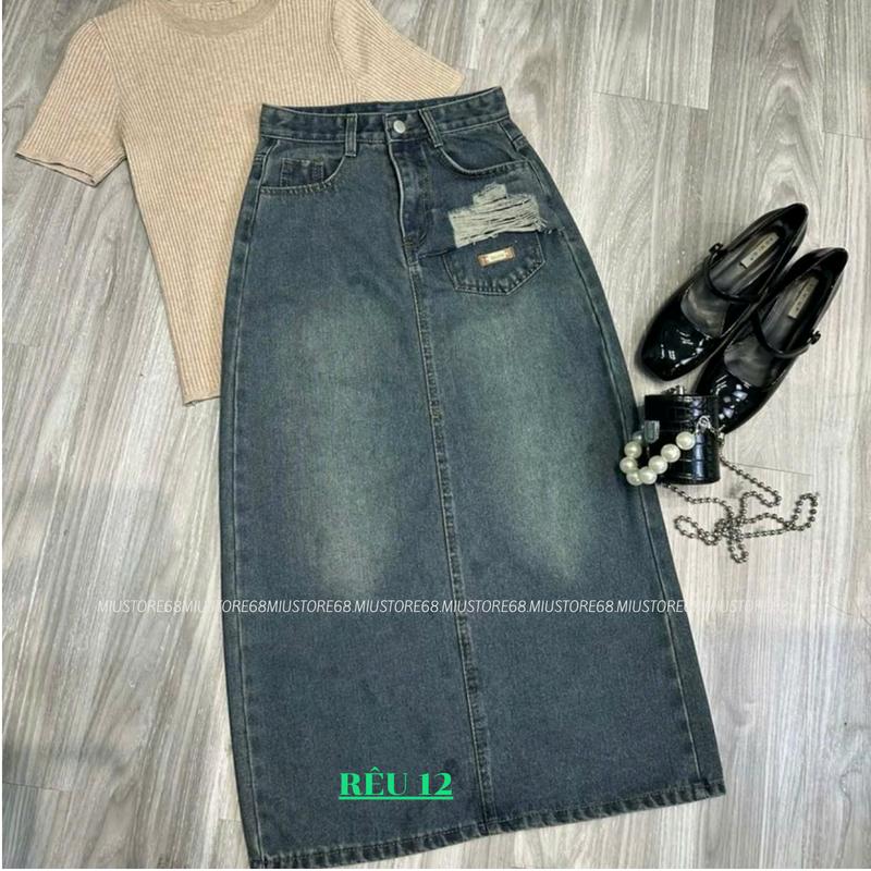 [TẶNG ĐAI ]Chân Váy Jean Dáng Dài, Rách Nửa Túi, Mác Denim , Chân Váy Chữ A Lưng Cao Vải Jean Mềm Cao Cấp M012 Women Voan Voi