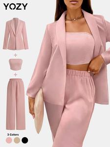 YOZY Three-Piece Set Women's Solid Button Front Blazer & Shirred Crop Tube Top & Elastic Waist Pants, Elegant Fashion Casual Outfits for Daily Outdoor Wear, Women Clothing for All Seasons