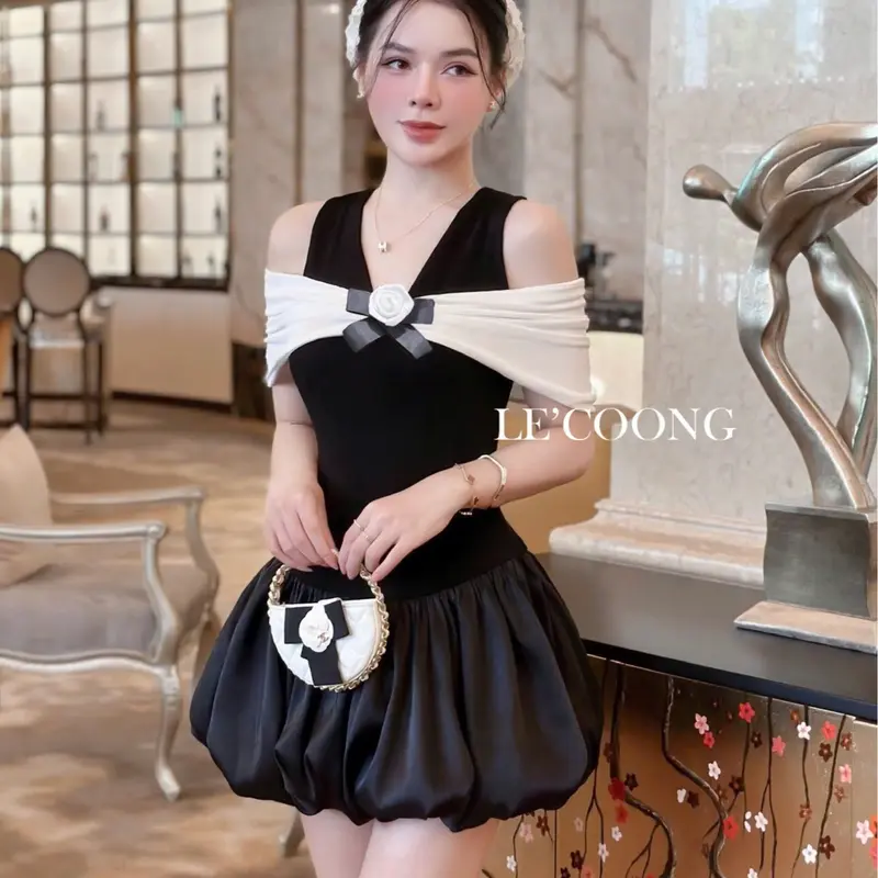 Váy Tiểu Thư Dáng Ngắn Trễ Vai Đính Nơ LECOONG V672  Đầm Đẹp Sang Chảnh 3