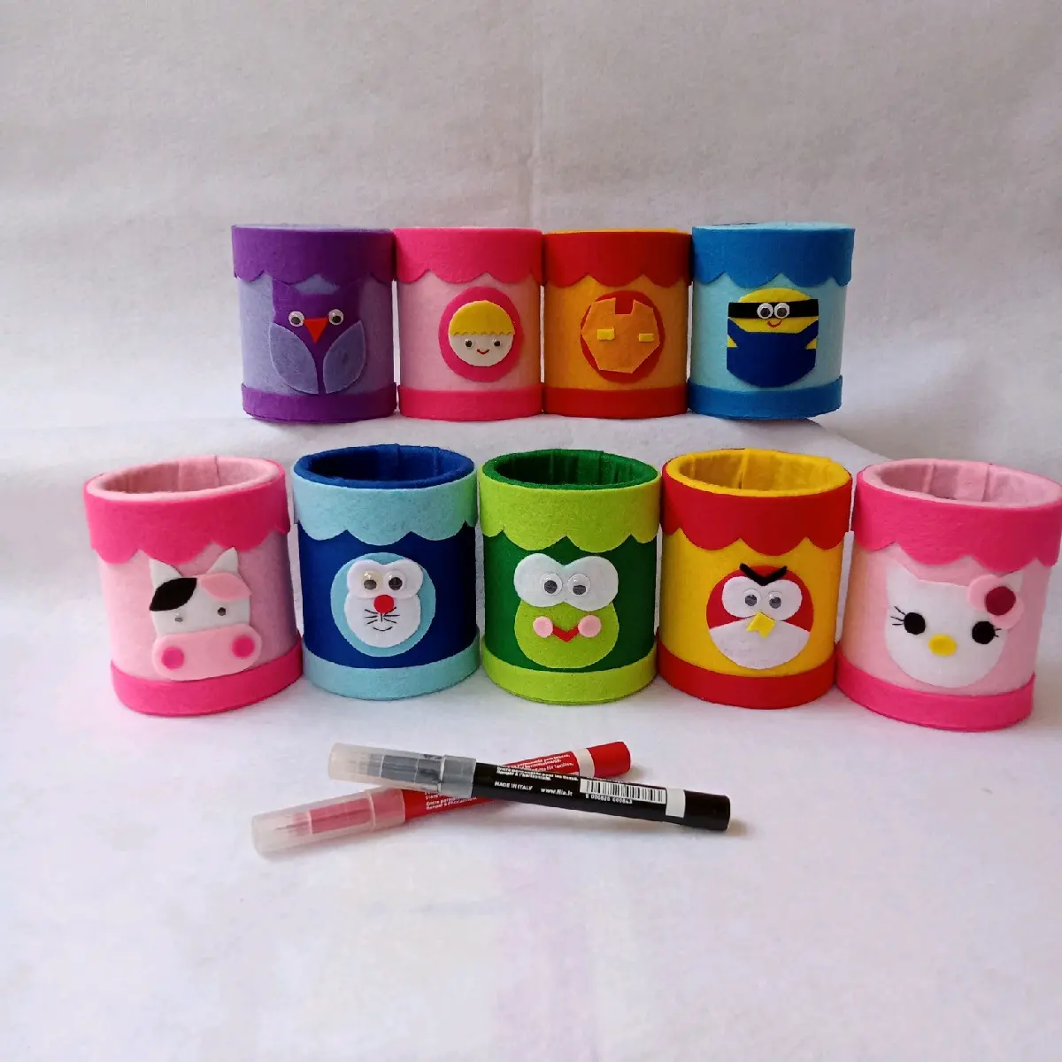tempat pensil dari paper core dilapisi kain flanel