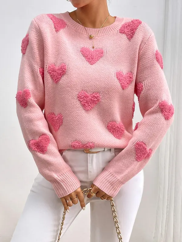 Women's Minimalist Heart Print Drop Shoulder Crewneck Sweater Tops, Basic Casual Long Sleeve Round Neck Knitting Jumper for Fall & Winter, Valentine's Day Gift, Womenswear 0