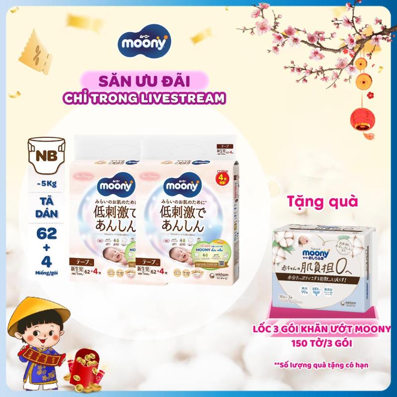 COMBO 2-TẶNG 3 KHĂN ƯỚT 50M Moony Tã bỉm dán Dịu Nhẹ Natural NB62+4 S58+2 M46 L38 miếng Nhập khẩu Nhật Bản