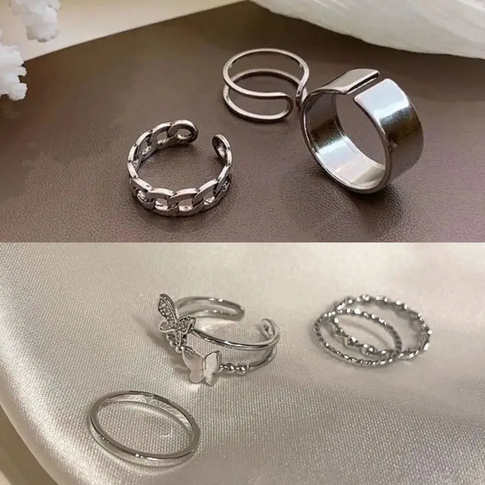 pinkinpink 3/4pcs Exquisite Adjustable Ring Alloy Butterfly INS Style Hip Hop Ring Gifts