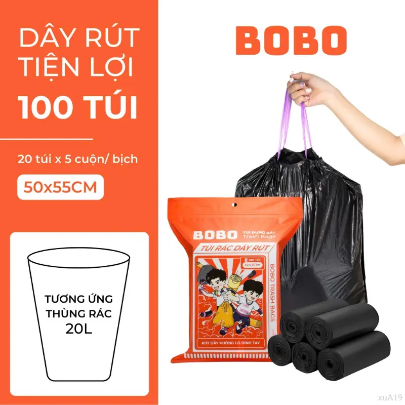 Túi rác BoBo túi đựng rác có dây rút tự phân huỷ bịch 5 cuộn 100 túi size 50x55cm túi bịch đựng rác có quai chổi  lau  nhà cayla  umini cây  tường  sàn nylon dẽo dai bình thường túi rác  bobo sáp  thơm  phòng  ngủ it phong tinh dau _ chanh hạt  treo  dán 2