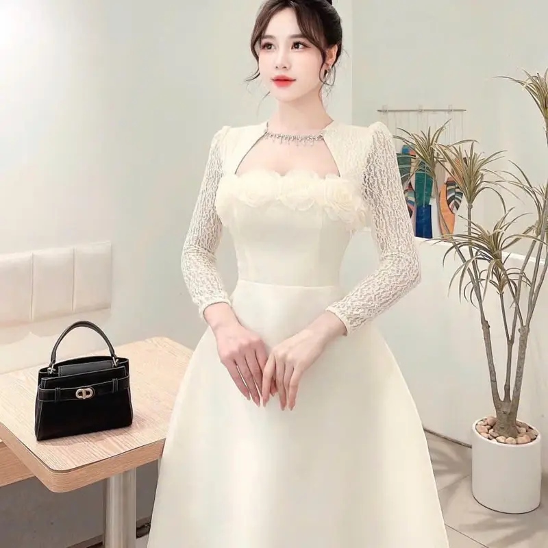 Váy tapta tay ren dài cổ đá cuộn hoa 8