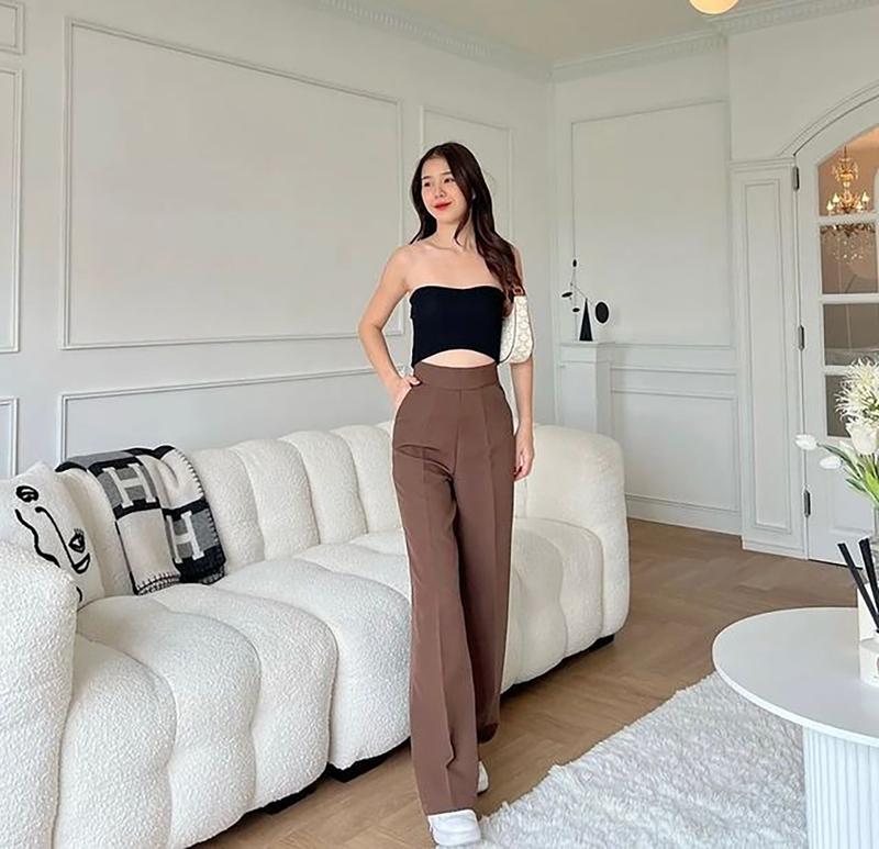 Quần tây nữ cao cấp ống suông, ống rộng, lưng cao - màu nâu cà phê - Size S-3XL, sinh viên  công sở Pants Women Ong Cotton 3