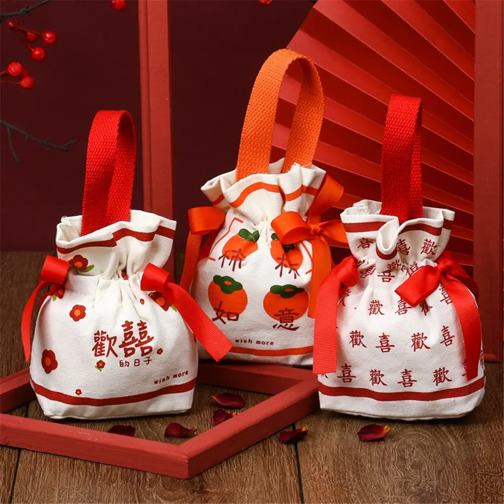 Chinese New Year Cny Orange Bag Pouch Canvas Rose Flower Portable Tote Bag Gift