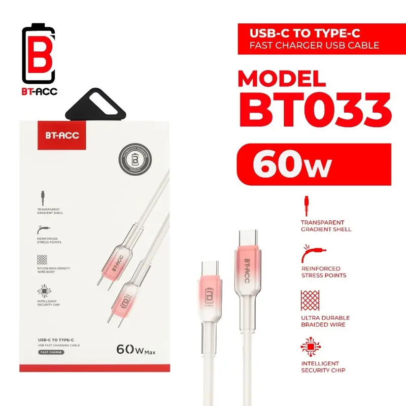 BT-ACC Kabel Data Fast Charging Support 60W Type C to Type C  - BT033