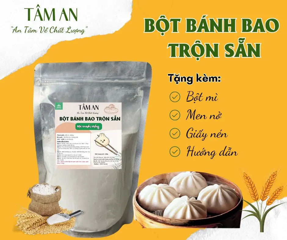 Bột bánh bao pha sẵn Tâm An - Bột truyền thống; Gạo lứt 640g (tặng kèm men nở, bột thấm tay và giấy nến lót bánh)