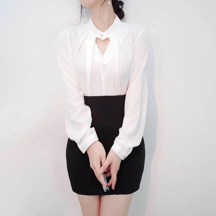 Áo Sơ Mi Dài Tay Màu Trơn Cho Nữ, Áo Sơ Mi Đế Gợi Cảm Mới, Áo Sơ Mi Nhỏ, Áo Trượt Trên Đầu, Khăn Quàng Cổ Thanh Lịch 7