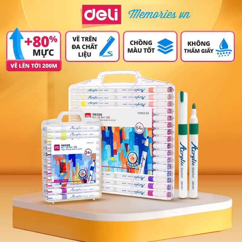 Bút Sơn Acrylic Marker Deli bản mới, THÊM 80% MỰC, hộp nhựa - 64/80 Màu Tô Trên Mọi Chất Liệu DIY Vẽ Giày Vải Chai Lọ - Mỹ Thuật, Hội Họa cho trẻ deli stationery