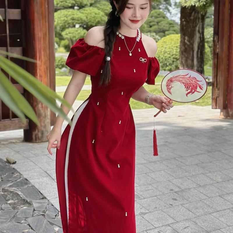   BIGSIZE 50-95KG  SET ÁO DÀI NHUNG ĐỎ CỔ YẾM TAY BỒNG ĐÍNH ĐÁ S16 
