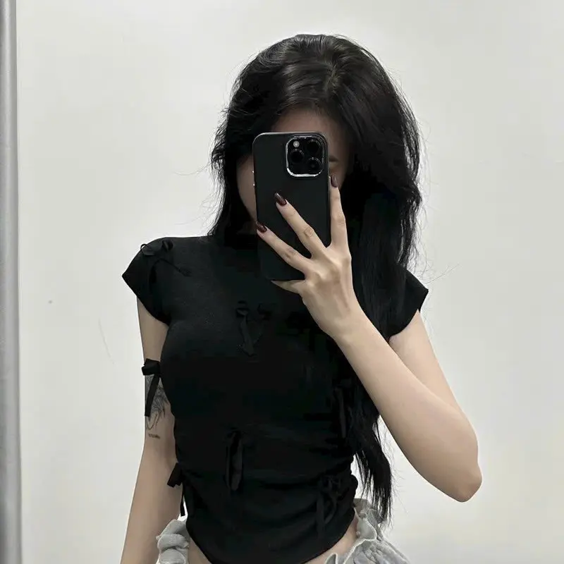 Áo thun nữ cổ cao tay hến đính nơ, bo chun hai bên eo - Women, Top 3