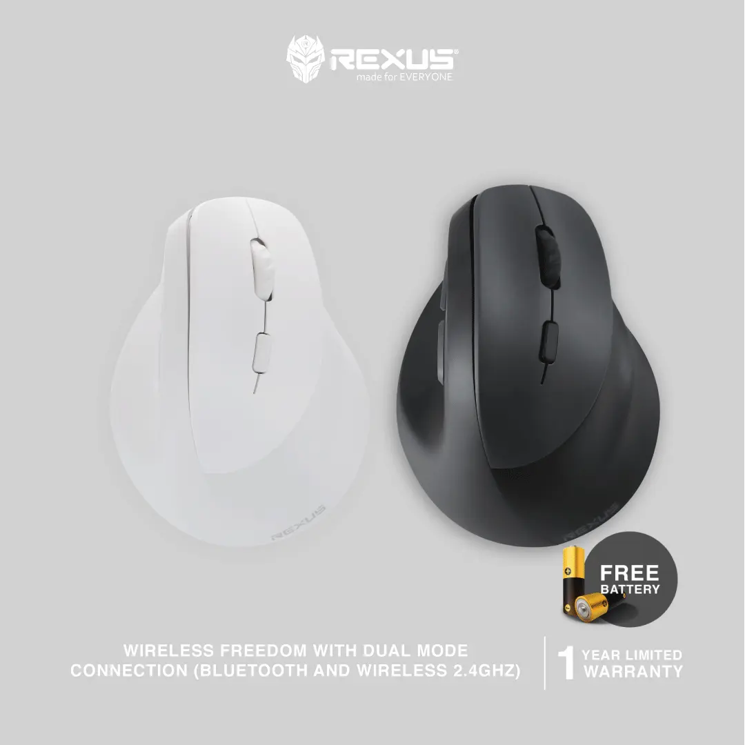 Rexus Mouse Vertical Clif: Dual Mode (Bluetooth/Wireless) Desain Ergonomis, Free Baterai, Cocok PC/Laptop