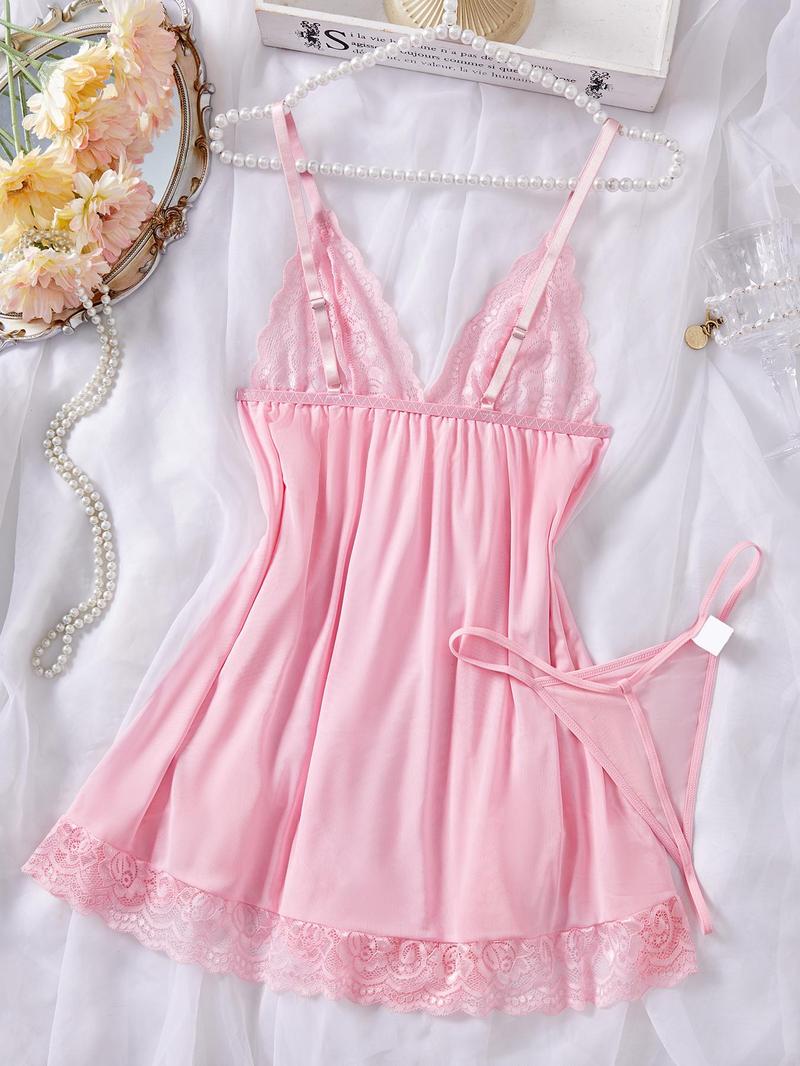 Product Introduction of Women's Contrast Lace Bow Decor Cami Nightdress & Sheer Thong Sexy Sleepwear Two-Piece Set, Naughty Lingerie, Romantic Comfy Spaghetti Strap Nightgown & Panty Set, Ladies Sleepwear for All Seasons Valentine's Day, gift 7