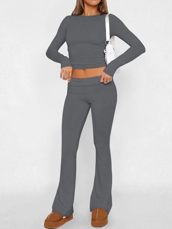 Two-piece Set Women's Solid Long Sleeve Crop Top & Flare Leg Pants, Casual Fashion Cozy Round Neck Top & Bell Bottom Trousers for Daily Outdoor Wear, Women's Lounge Clothing for Summer, Two Piece Set Women 4