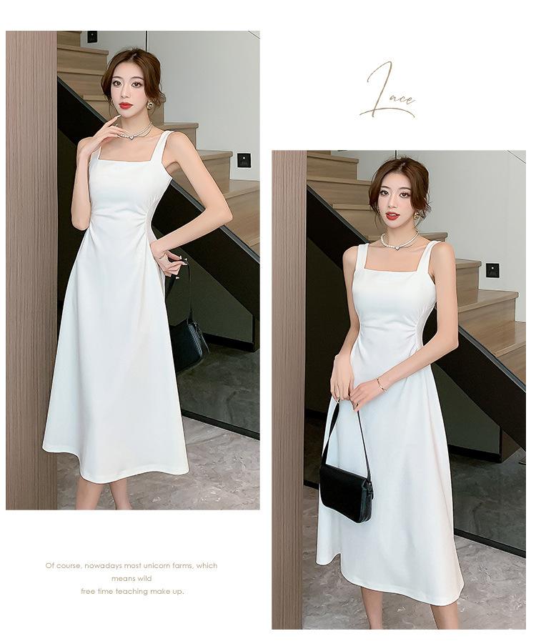 Product Introduction of "French Style White Camisole Dress Women's Summer Cool Square Neck Dress Beautiful Waist A-line Long Dress. Sleeveless, Elegant, Chic, Feminine, Casual, Fashionable." Fabric Womenswear Chinese Style Collar Piece Retro 20