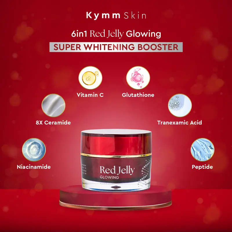 [Free Pump Day Cream 10gr] KYMM SKIN Red Jelly Glowing Whitening Booster | Perawatan Booster Lebih Cepat Pelembab Mencerahkan Pencerah Kulit Kusam, Flek, Tanda Penuaan Wajah Noda Hitam Anti Aging | Tranexamic, Vit C, Glutathione, Niacinamide 6