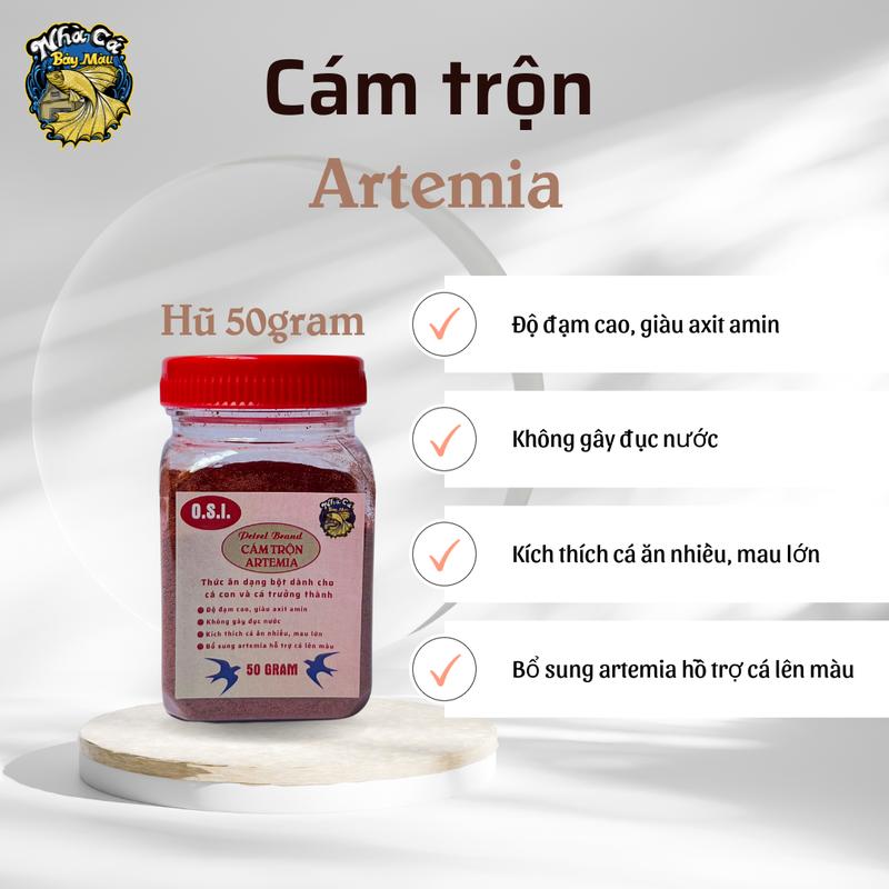 Cám trộn artemia hiệu én xanh O.S.I Mỹ Petrel Brand thức ăn dạng bột dinh dưỡng cho cá con và cá lớn hũ nhựa chiết lẻ 50gram 100gram 200gram túi nguyên 1kg cám nhuyễn cám trộn
