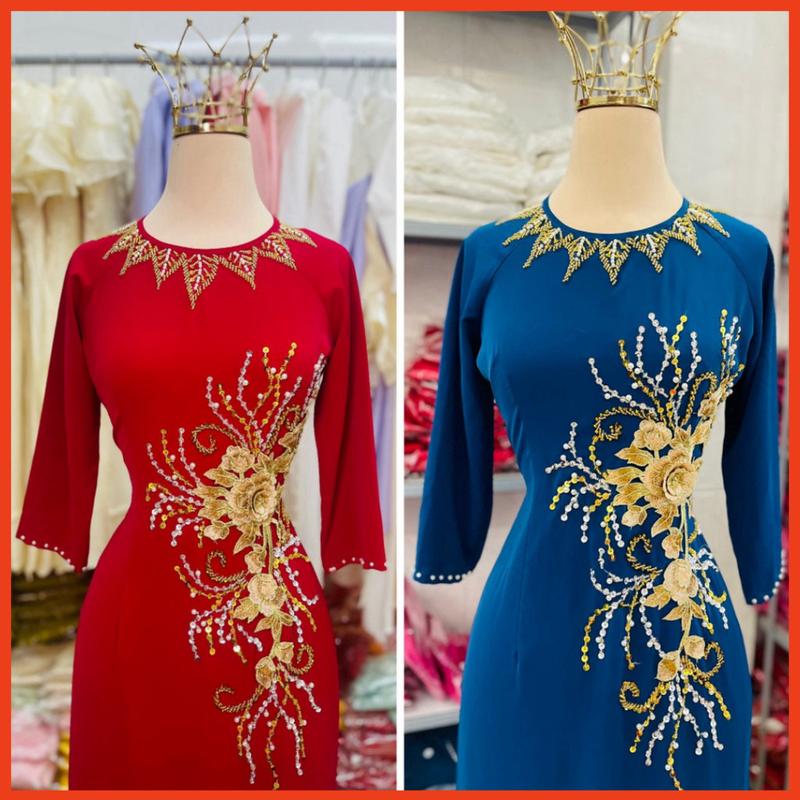 Product Introduction of Áo Dài Lụa Mỹ Cổ Tròn Tay Lỡ Đính 1 Hoa Nhiều Màu M005 51