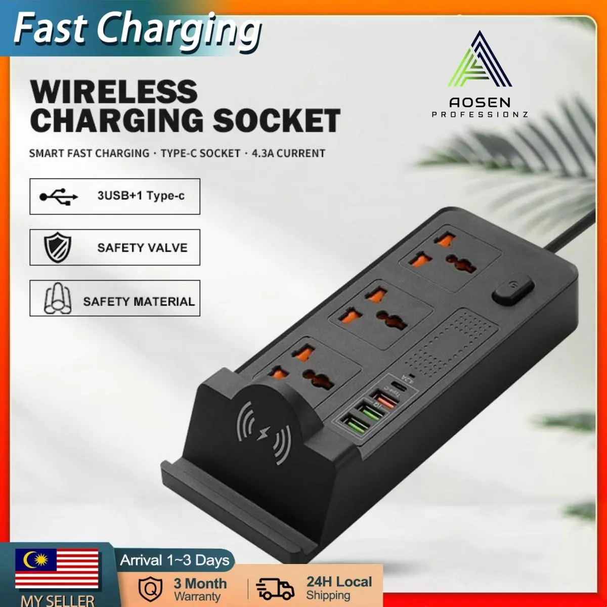 Strip kuasa soket pelbagai fungsi, Aosen, Pengecasan pantas 4.2a, 3 sambungan USB, 3 port soket, kabel 2m, pengecas tanpa wayar, penyesuai peranti pintar, pengecas telefon perjalanan, palam UK, kabel data universal, jenis C, [baru Aosen]