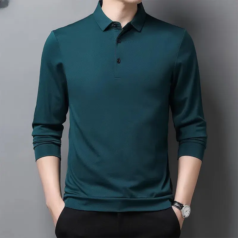 Kemeja Polo Lengan Panjang Polos, 5 Warna Tersedia, Untuk Lelaki, Baju T, Gaya Perniagaan Kasual dan Formal, Baju Atasan Fesyen, Kolar Lapel, Pakaian Lelaki, Gaya Asas, Warna Pepejal, Baju Lelaki, Kemeja