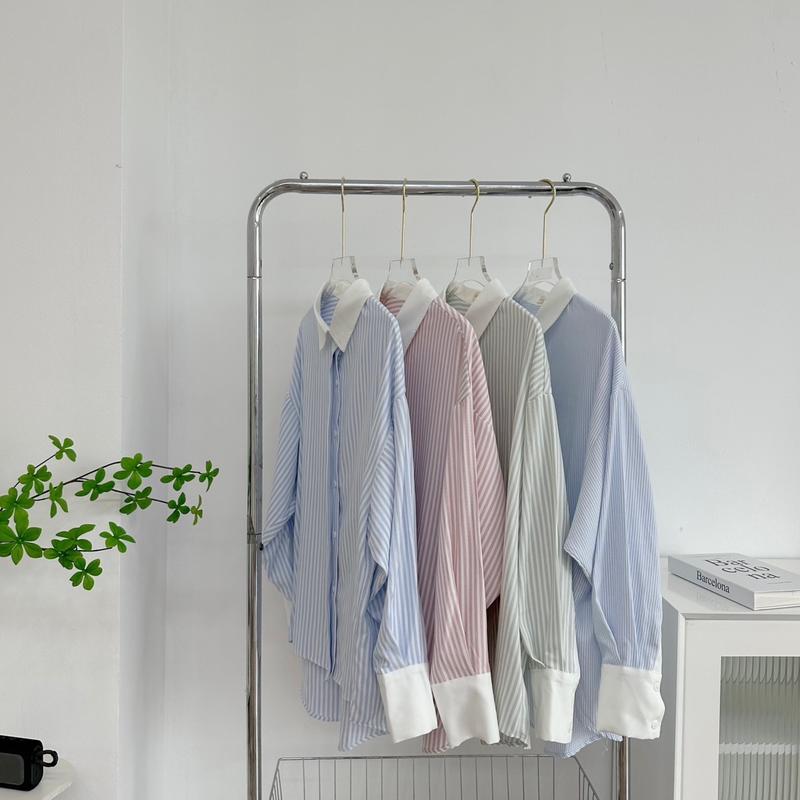 Áo sơ mi Nữ kẻ sọc phối cổ trắng chất thô đũi cotton dáng oversize Women Shirt 2