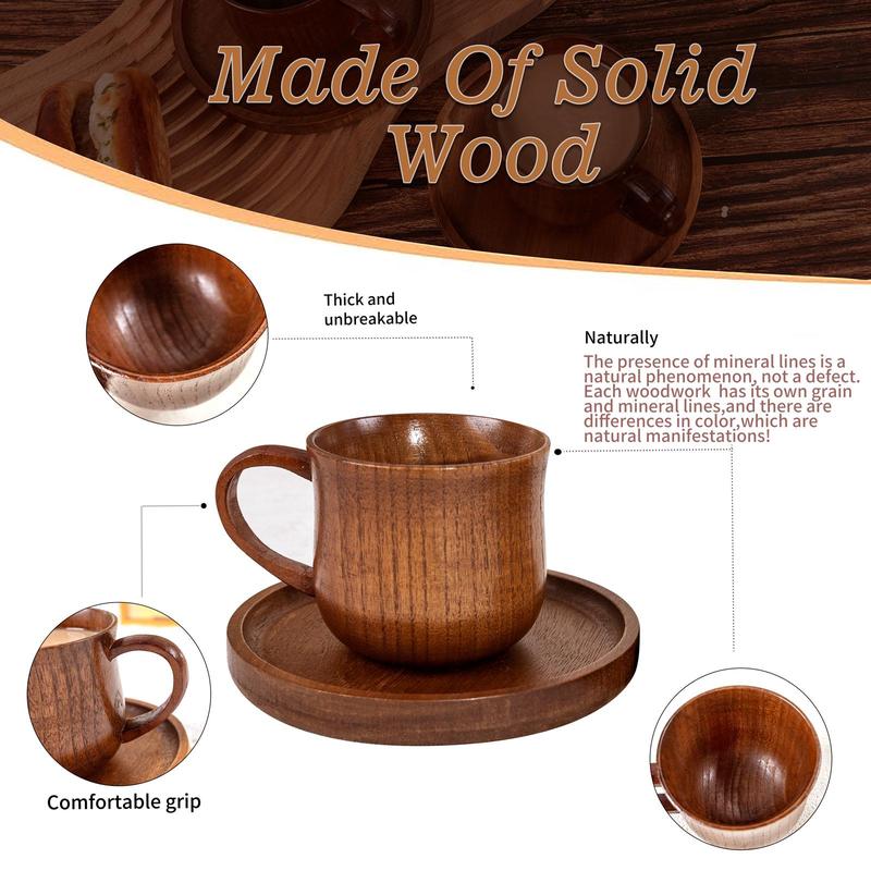Wooden Handle Coffee Cup & Coasters Set, 2/4 Counts/set Vintage Tea Cup, Multi-purpose Drinking Cup for Home Office Use 2