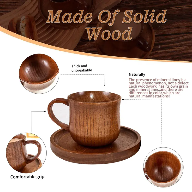 Wooden Handle Coffee Cup & Coasters Set, 2/4 Counts/set Vintage Tea Cup, Multi-purpose Drinking Cup for Home Office Use 2