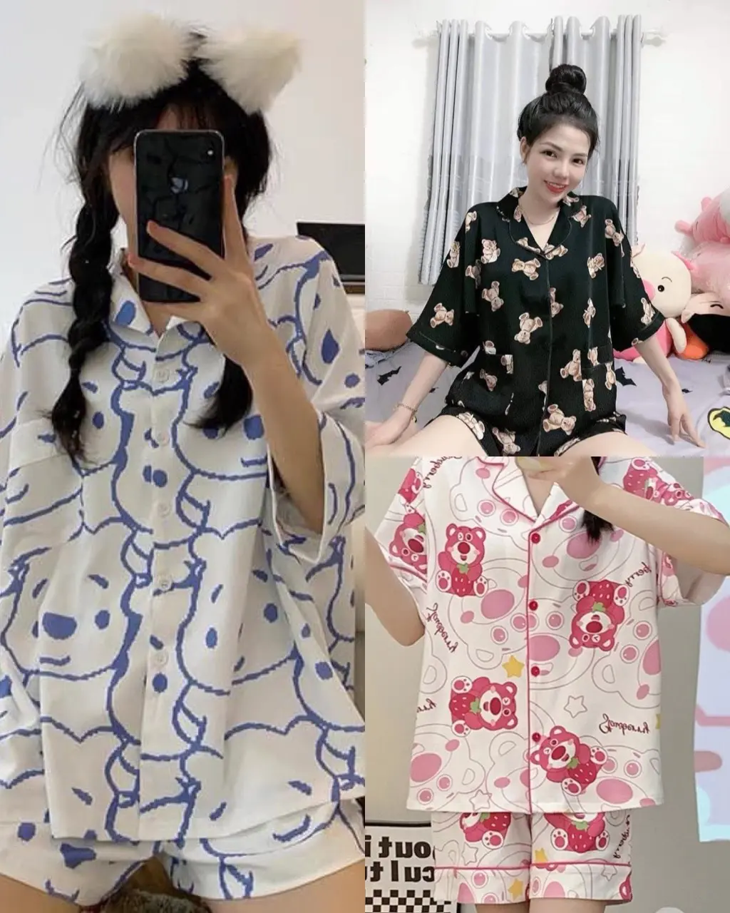 [ COMBO 3 BỘ ] ÁO CỘC QUẦN ĐÙI HOẶT HÌNH GẤU PU TRẮNG, GẤU ĐEN, GẤU HỒNG