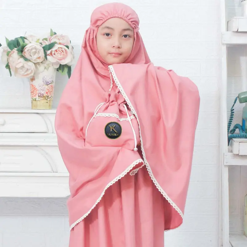 Mukena Anak Wanita Si Kembar Katun Renda Rajut Polos Muslim Baju Syari Setelan - YUSIKU - Gamis, Remaja 2