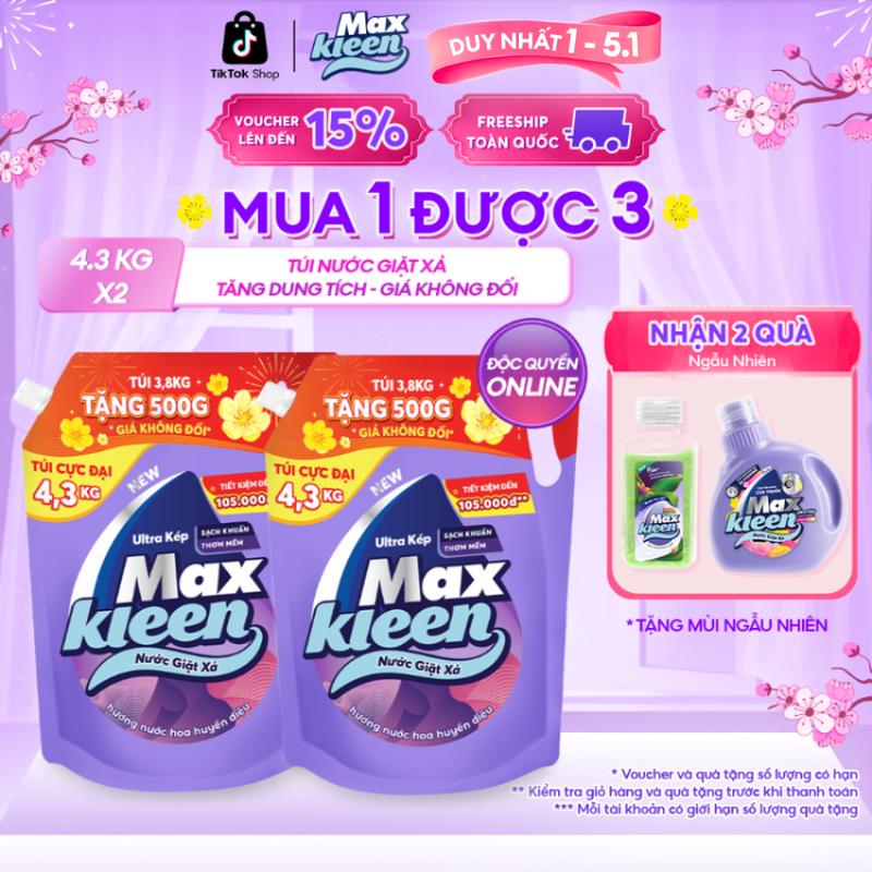 ĐỘC QUYỀN KOL - TĂNG 500G DUNG TÍCH Combo 2 Túi Nước Giặt Xả Làm Sạch MaxKleen Hương Nước Hoa Huyền Diệu 4.3kg