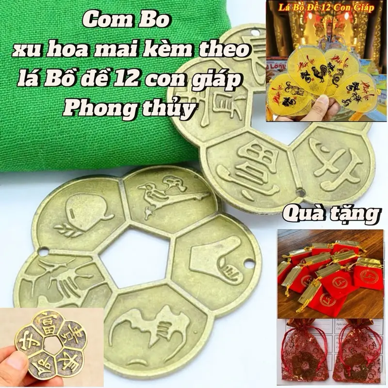 Combo xu hoa mai+lá Bồ đề 12 con giáp Theo tuổi bỏ ốp lưng điện thoại bỏ ví/bóp,treo xe, trang trí….