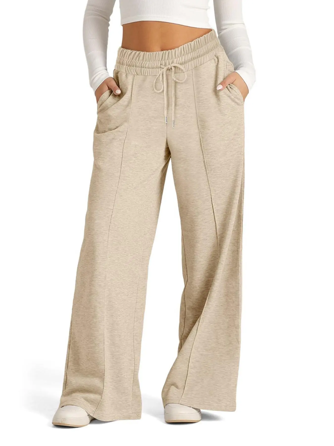 Women's Solid Drawstring Waist Wide Leg Sweatpants, Casual Minimalist Pocket Trousers for Fall & Winter, Women's Bottoms for Daily Wear