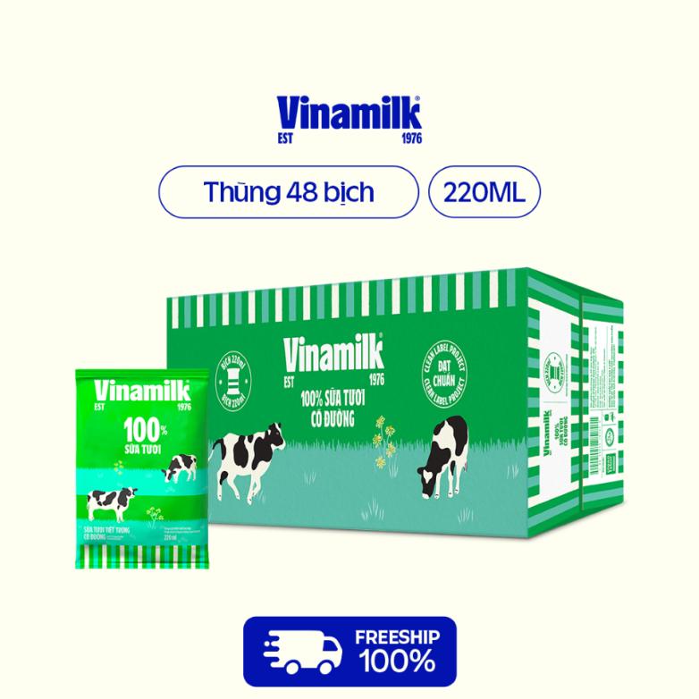 Thùng 48 bịch Sữa tươi tiệt trùng có đường Vinamilk 220ml
