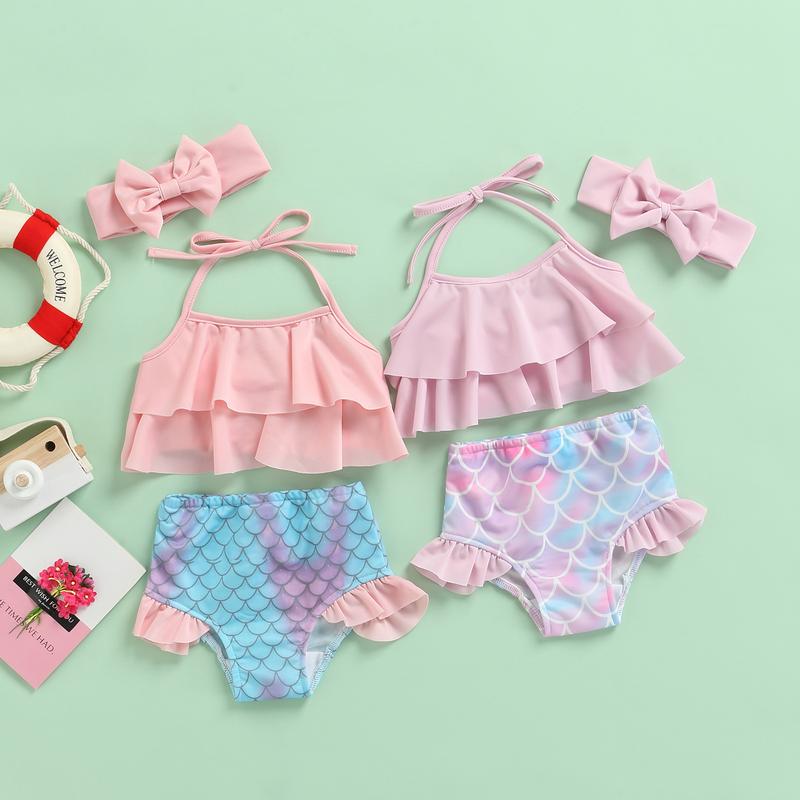Product Introduction of Toddler Baby Girl Smoothy Soft Swimsuit Halter Ruffles Tops Mermaid Shorts Headband Bathing Suit Swimwear 3Pcs Bikini Set 6 12 18 24 Months 2-3 Years Old Kid 41