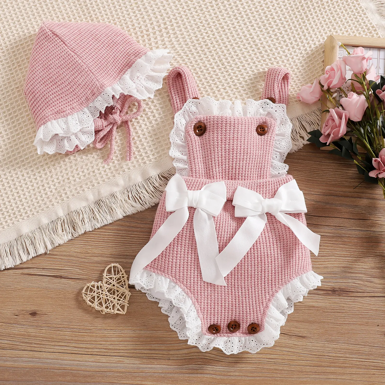 Baby Suit Set, Contrast Color Bowknot Sleeveless Ruffle Knitted Romper+ Hat for Girls, 0-18 Months Children Kids Strap Pink Parsel