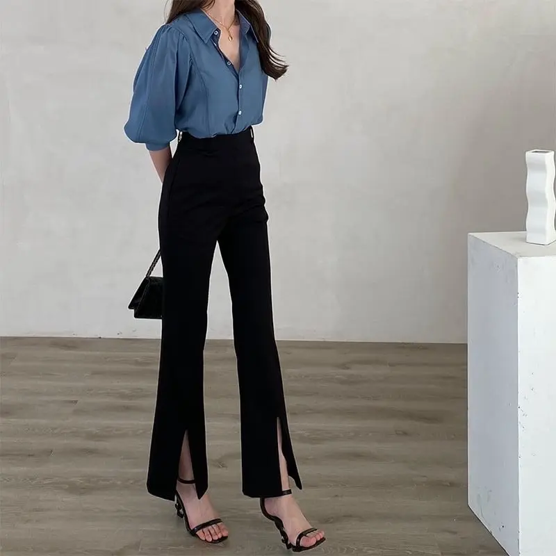 QUẦN ỐNG LOE XẺ GẤU TRƯỚC CẠP CAO TÔN DÁNG MÀU ĐEN  Nữ Pants Đen Women 4