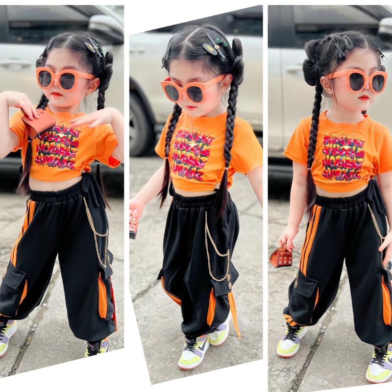 Sét quần suông túi hộp + áo cam rút 2 bên eo cho bé gái