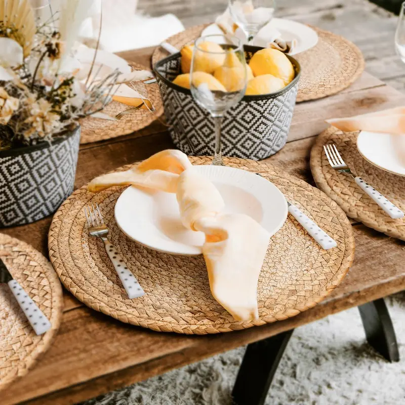 Round Woven Placemat, 1/2 Counts Boho Style Coaster, Heat Resistant Placemat, Table Decoration Supplies for Home Kitchen Dining Room 3