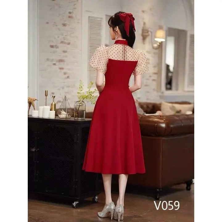 Váy đầm thời trang nữ sang chảnh dự tiệc chất nhung cổ tròn tay ngắn phối voan bi dáng xòe maxi tạo điểm nhấn dễ thương 1