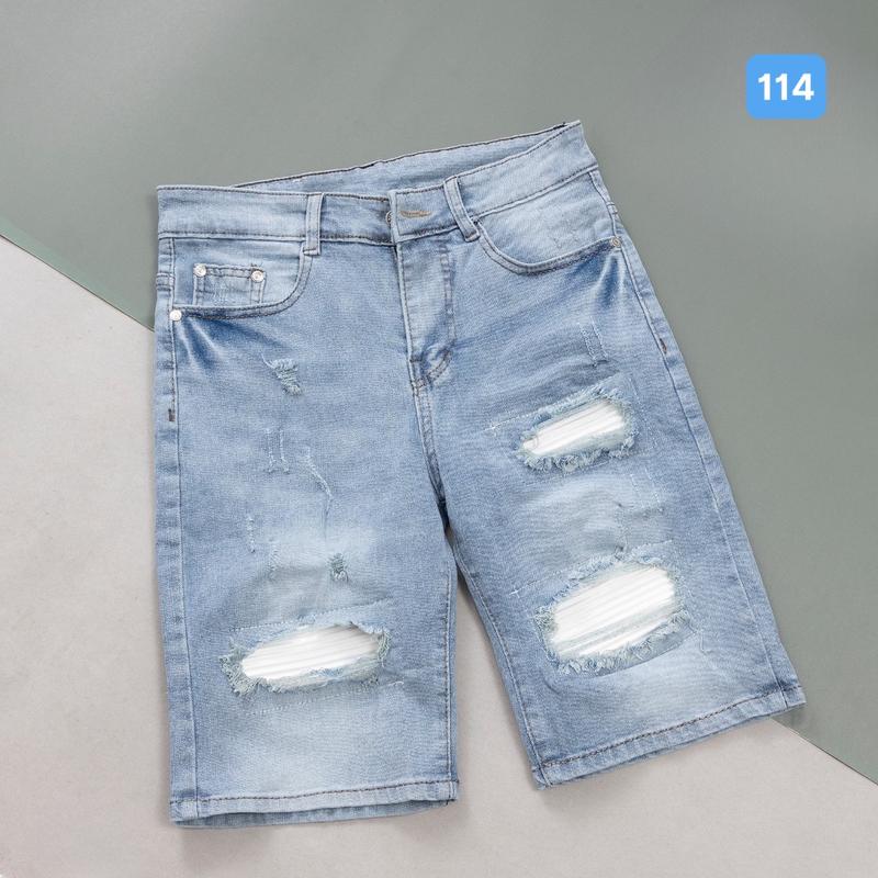 Quần short jean nam 114 màu xanh co giãn vá da trắng có lớp lót, quần sọt jean nam, quần đùi jean, quần jean nam ngắn, quần rin nam ngắn, co giãn size ( 40 - 75kg ) Menswear Pants